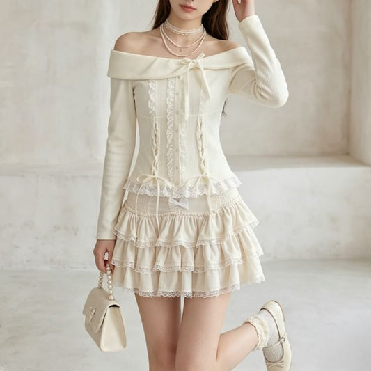 Two-Piece Set: Bow Ruffle Lace-Up Bardot Top & Tiered Mini Skirt