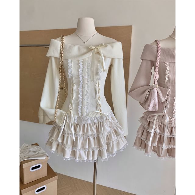 Set: Long Sleeve Off Shoulder Plain Bow Ruffle Lace Up Top + High Waist Tiered Mini A-Line Skirt