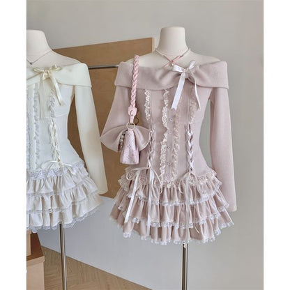 Set: Long Sleeve Off Shoulder Plain Bow Ruffle Lace Up Top + High Waist Tiered Mini A-Line Skirt