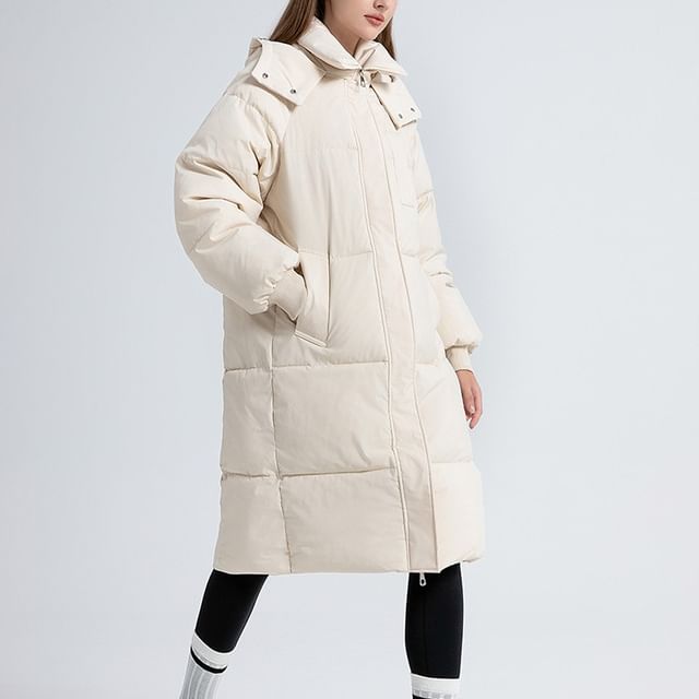 Stand Collar Plain Hood Midi Zip Puffer Coat