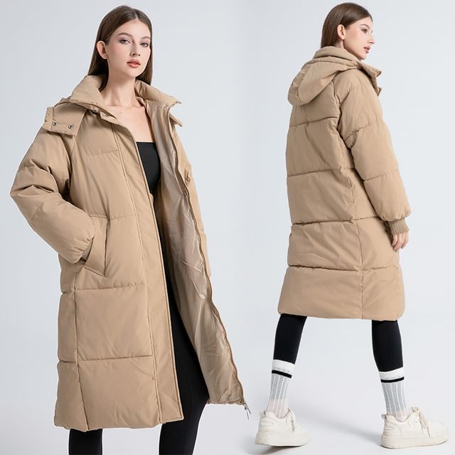 Stand Collar Plain Hood Midi Zip Puffer Coat