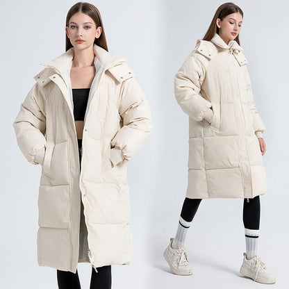 Stand Collar Plain Hood Midi Zip Puffer Coat