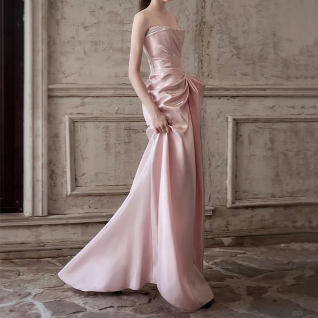 Gown Evening Strapless Plain A-Line Ruched