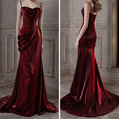Puff-Sleeve Cold-Shoulder Plain Ruched Trumpet Evening Gown