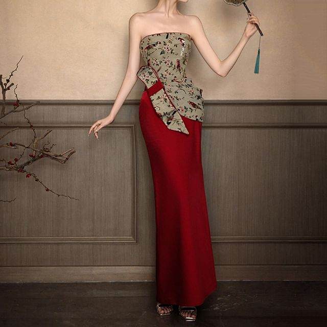 Bow Strapless Gown Sheath Evening Floral