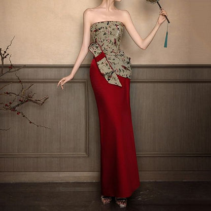 Bow Strapless Gown Sheath Evening Floral