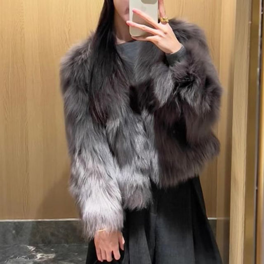 Round Neck Plain Faux Fur Jacket