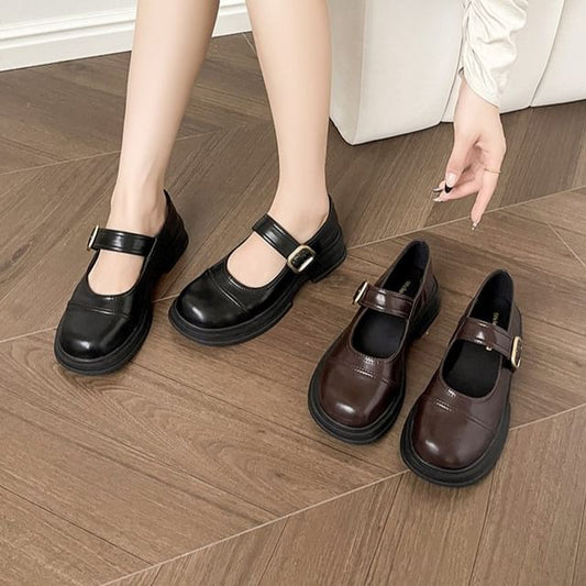 Platform Plain Buckled Faux Leather Mary Jane Shoes