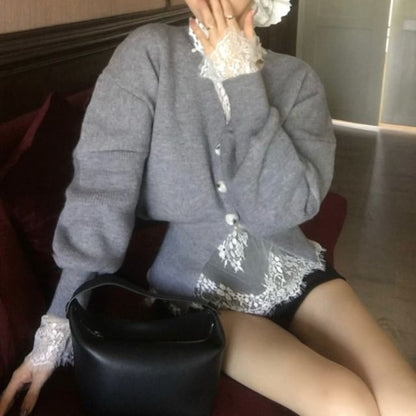 Long-Sleeve High Neck Lace Top / V-Neck Button-Up Cardigan / High Waist Shorts