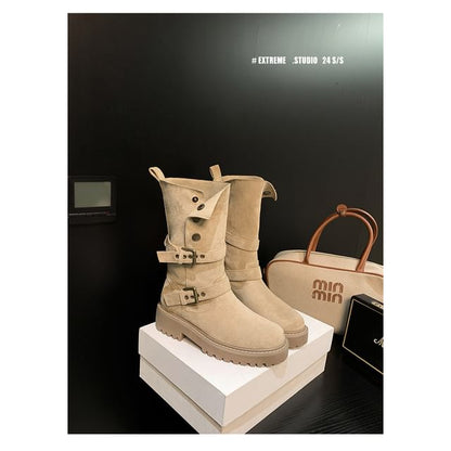 Calf Boots Buckled Mid Button Platform