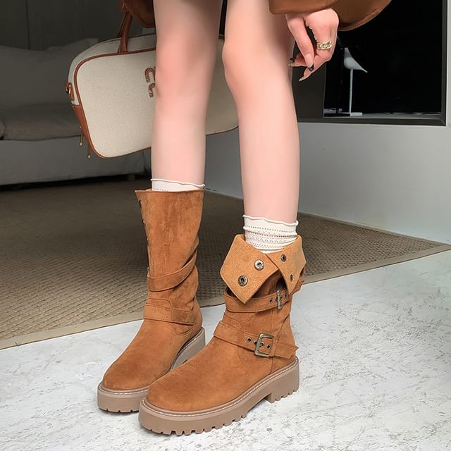 Calf Boots Buckled Mid Button Platform