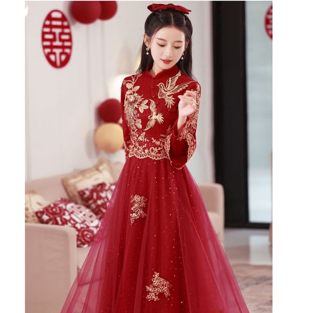 Long Sleeve Embroidered Cheongsam Wedding Dress