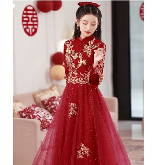 Long Sleeve Embroidered Cheongsam Wedding Dress