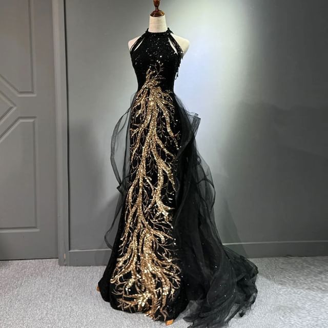 Halter Neck Sleeveless Sequined Embroidered Maxi Evening Gown