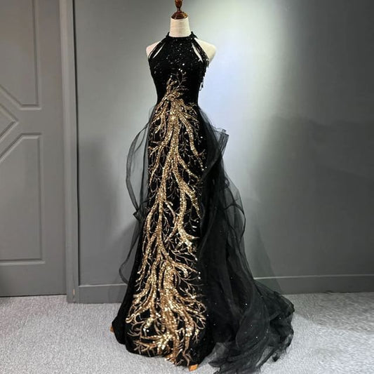 Halter Neck Sleeveless Sequined Embroidered Maxi Evening Gown