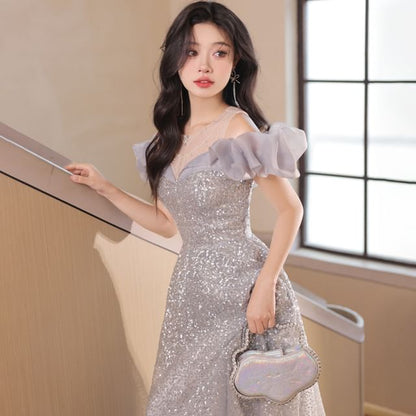 Cold Shoulder Ruffle Sleeve Sequin A-Line Evening Gown