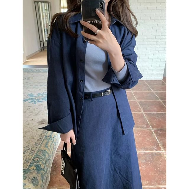 Long Sleeve Collared Plain Shirt / High Waist Maxi A-Line Skirt