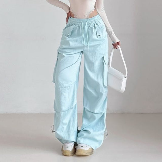 High Rise Plain Drawstring Baggy Cargo Pants