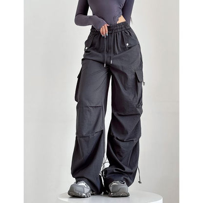 High Rise Plain Drawstring Baggy Cargo Pants