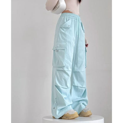 High Rise Plain Drawstring Baggy Cargo Pants
