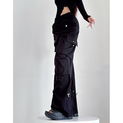 High Rise Plain Drawstring Baggy Cargo Pants