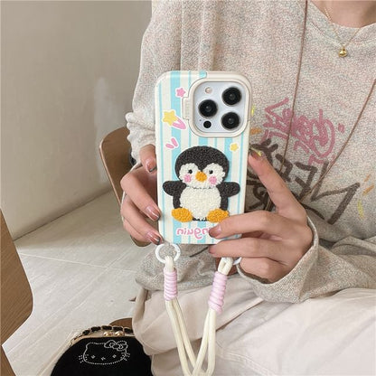 Penguin Embroidered Phone Case / Strap / Set - iPhone 16 Pro Max / 16 Pro / 16 Plus / 16 / 15 Pro Max / 15 Pro / 15 Plus / 15 / 14 Pro Max / 14 Pro / 14 Plus / 14 / 13 Pro Max / 13 Pro / 13 / 13 Mini