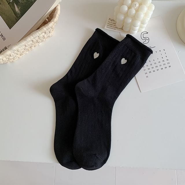 Heart Embroidery Crew Socks