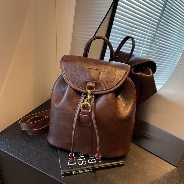 Plain Faux Leather Flap Backpack