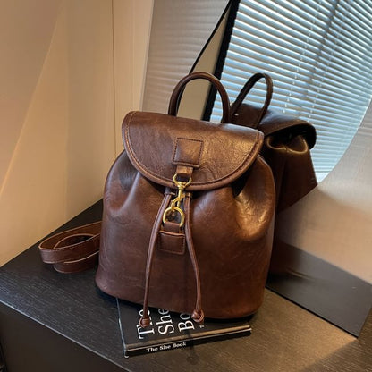 Plain Faux Leather Flap Backpack