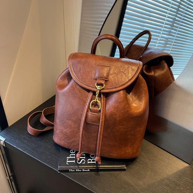 Plain Faux Leather Flap Backpack