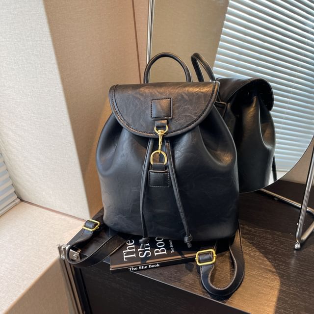 Plain Faux Leather Flap Backpack