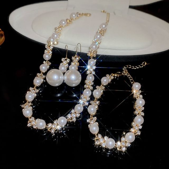 Floral Rhinestone Faux Pearl Drop Hook Earring / Bracelet / Necklace