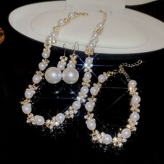 Floral Rhinestone Faux Pearl Drop Hook Earring / Bracelet / Necklace