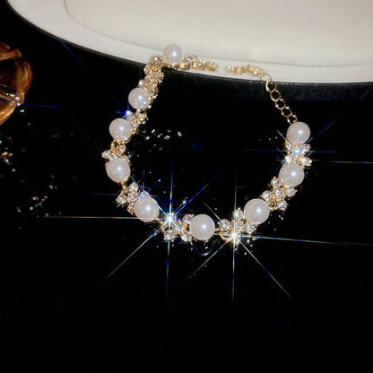 Floral Rhinestone Faux Pearl Drop Hook Earring / Bracelet / Necklace