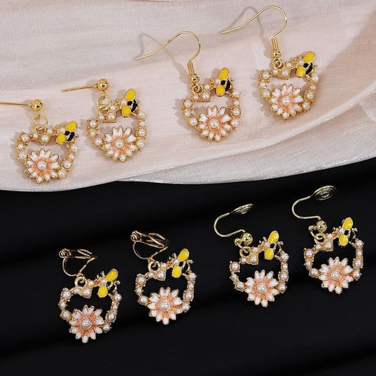 Floral Faux Pearl Bee Alloy Drop Earring (Various Designs)