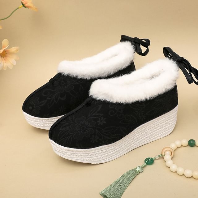 Platform Fleece-Lined Heel Bow Pumps Wedge