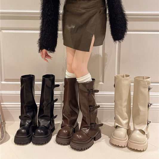 Knee Panel Boots Platform Buckled High