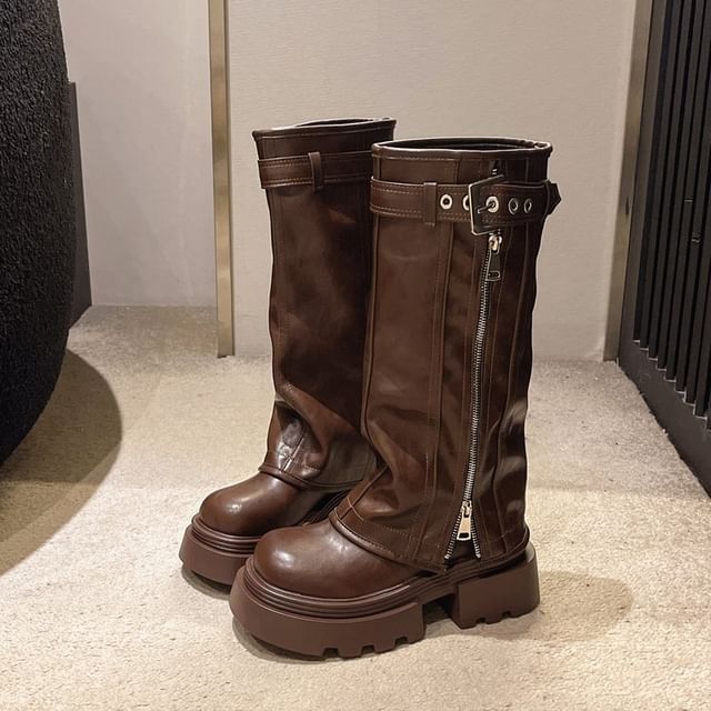 Panel Buckled Knee Platform High Boots Zip
