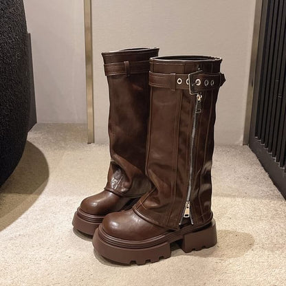 Panel Buckled Knee Platform High Boots Zip