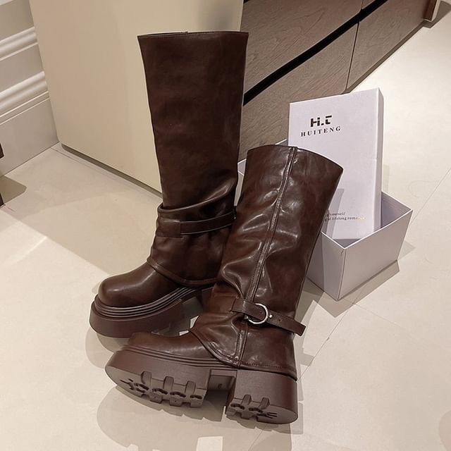 Platform Buckled Panel Knee Boots High