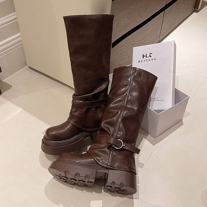 Platform Buckled Panel Knee Boots High