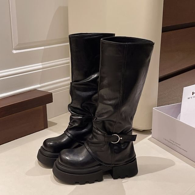 Platform Buckled Panel Knee Boots High