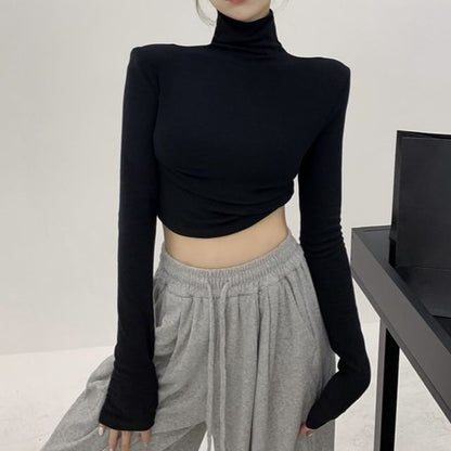 Long Sleeve Turtleneck Plain Crop Tee