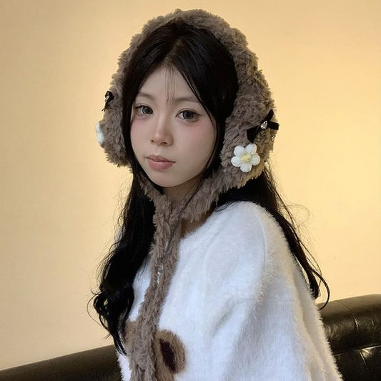 Crochet Flower Bow Fluffy Earmuffs