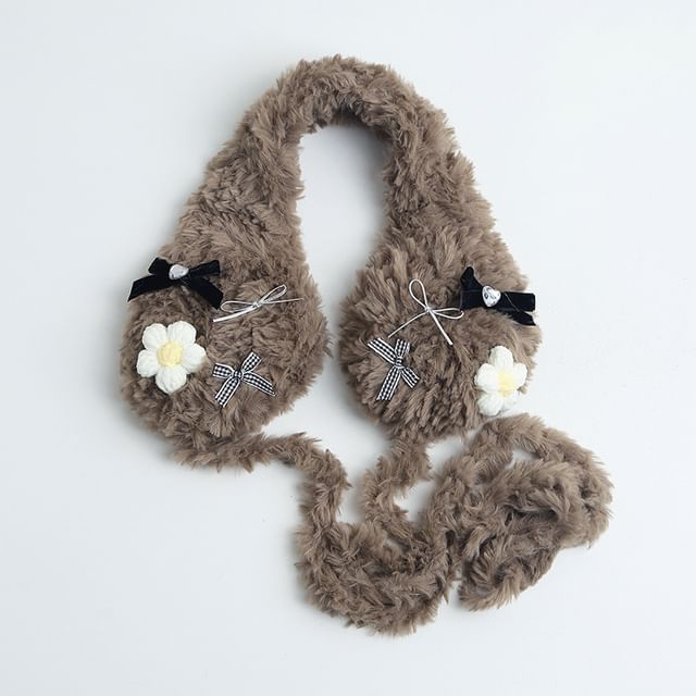 Crochet Flower Bow Fluffy Earmuffs