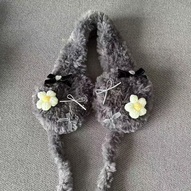 Crochet Flower Bow Fluffy Earmuffs