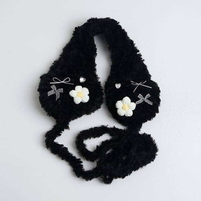 Crochet Flower Bow Fluffy Earmuffs