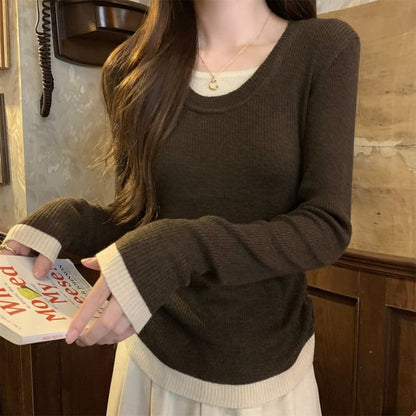 Long Sleeve Round Neck Contrast Trim Drawstring Ribbed Knit Top