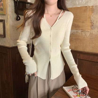 Long Sleeve V-Neck Plain Button Ribbed Knit Top