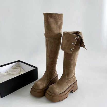 The Faux Platform Boots Knee Button Over Buckled Suede